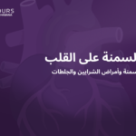 غلاف مقالة يحتوى على جملة "أضرار السمنة على القلب" والخلفية باللون البنفسجي